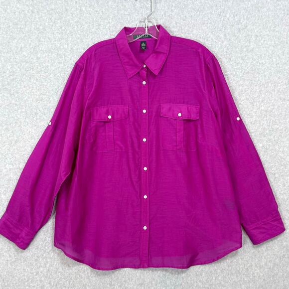 Lauren Ralph Lauren Blouse  Size 2X Cotton Silk Blend Button Up Semi Sheer - Picture 1 of 16